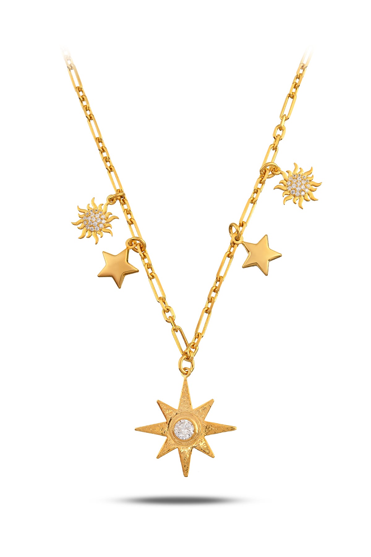 925 Ayar Gümüş 18K Gold Kaplama Istar Yıldızı Kolye – Taş Detaylı, Güneş & Yıldız Charm’lı