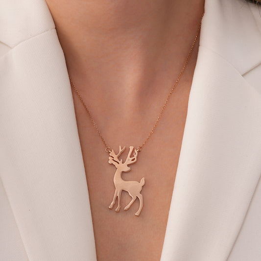 925 Ayar Gümüş Rose Kaplama Geyik Kolye – El Yapımı